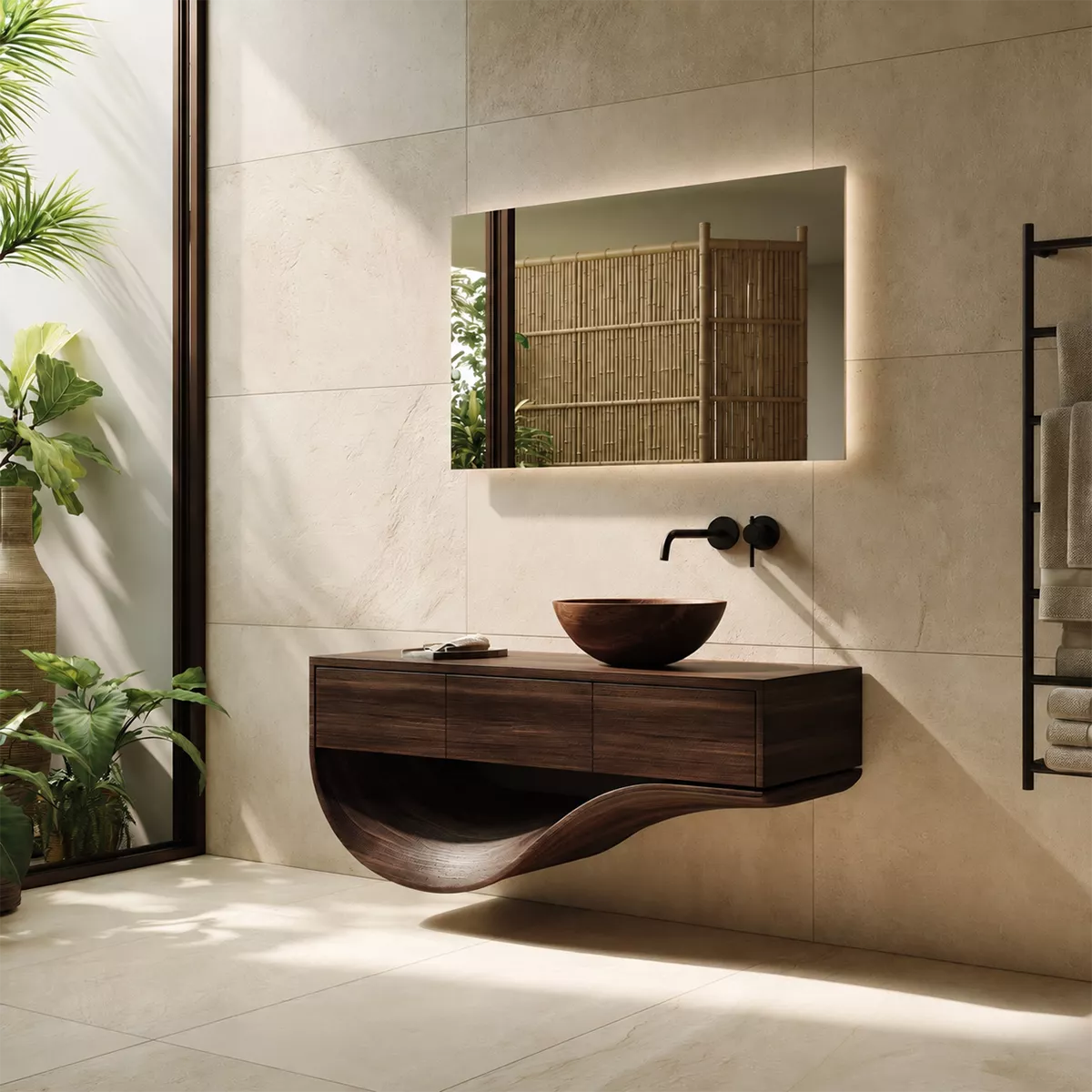 Floating Solid Wood Bathroom Vanity With Sculptural Curved Base And Hidden Drawer Storage - Livewoodcraft - 2