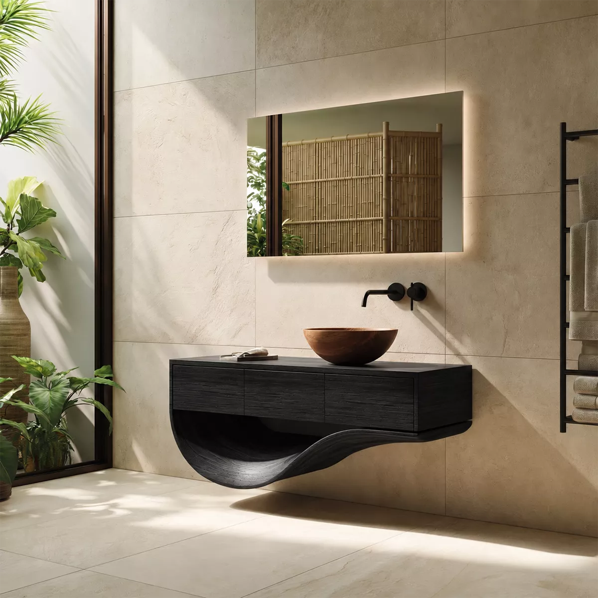 Floating Solid Wood Bathroom Vanity With Sculptural Curved Base And Hidden Drawer Storage - Livewoodcraft - 3