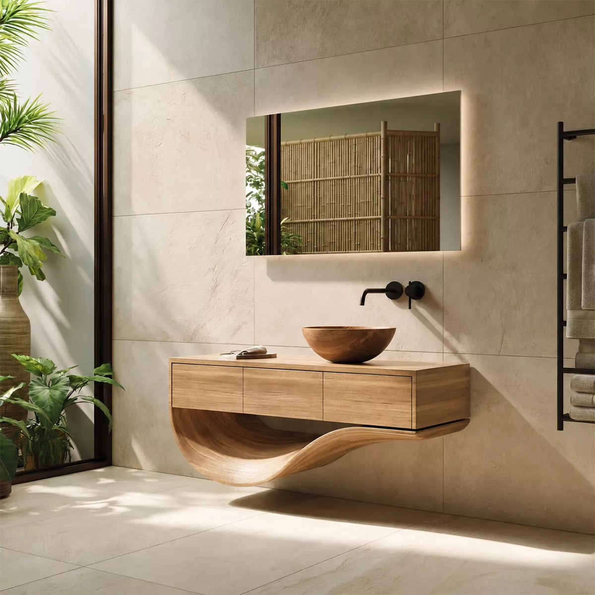 Floating Solid Wood Bathroom Vanity With Sculptural Curved Base And Hidden Drawer Storage - Livewoodcraft - 4