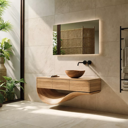 Floating Solid Wood Bathroom Vanity With Sculptural Curved Base And Hidden Drawer Storage - Livewoodcraft - 4