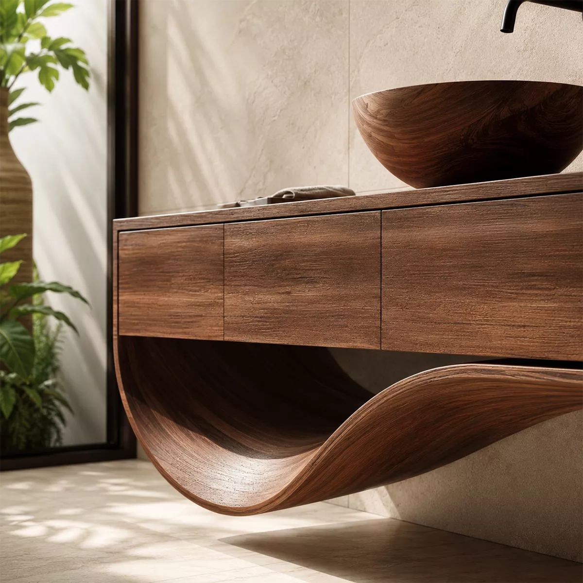 Floating Solid Wood Bathroom Vanity With Sculptural Curved Base And Hidden Drawer Storage - Livewoodcraft - 5