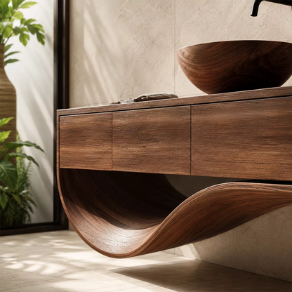 Floating Solid Wood Bathroom Vanity With Sculptural Curved Base And Hidden Drawer Storage - Livewoodcraft - 5