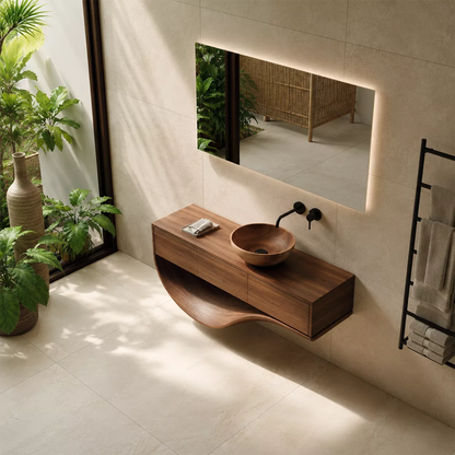Floating Solid Wood Bathroom Vanity With Sculptural Curved Base And Hidden Drawer Storage - Livewoodcraft - 6