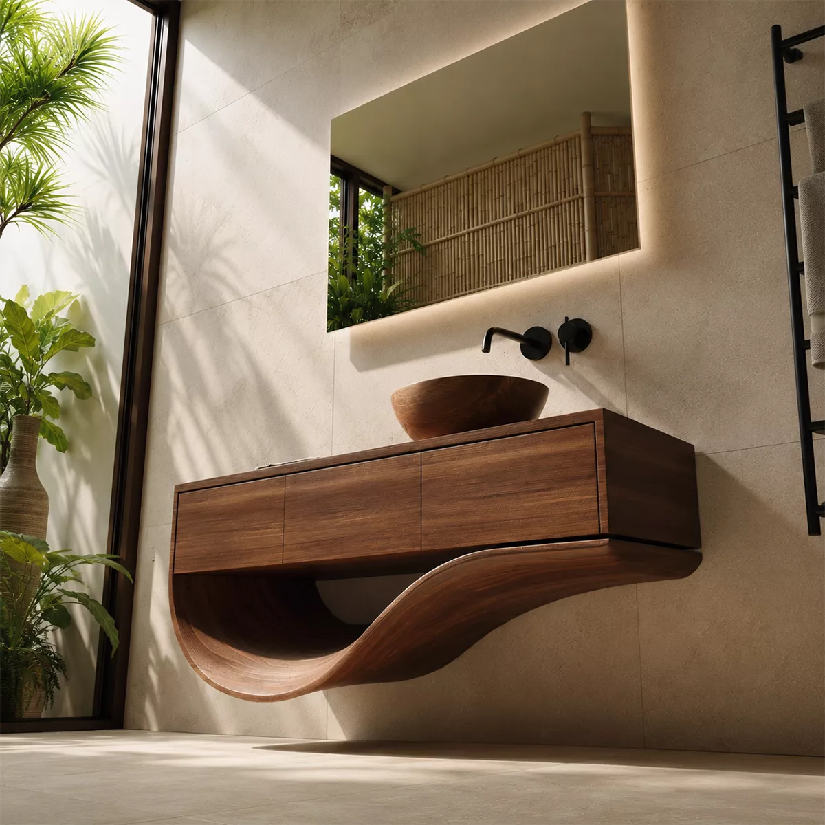 Floating Solid Wood Bathroom Vanity With Sculptural Curved Base And Hidden Drawer Storage - Livewoodcraft - 7