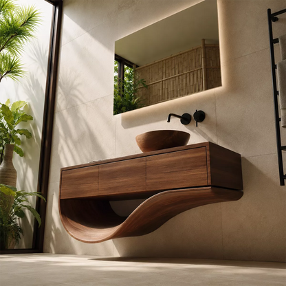 Floating Solid Wood Bathroom Vanity With Sculptural Curved Base And Hidden Drawer Storage - Livewoodcraft - 7