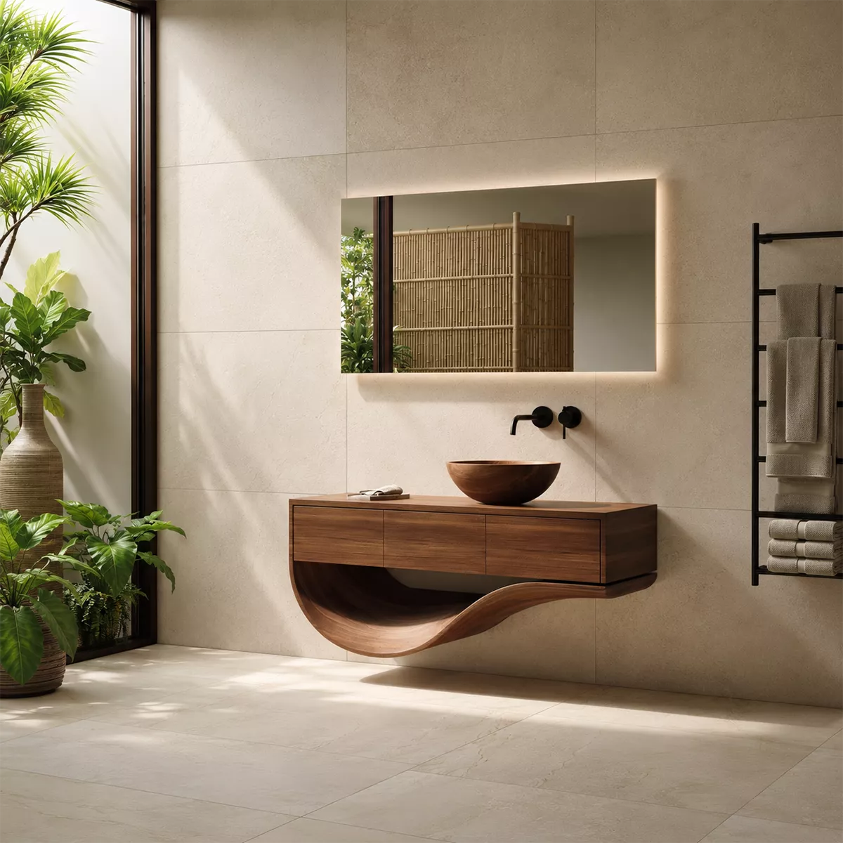 Floating Solid Wood Bathroom Vanity With Sculptural Curved Base And Hidden Drawer Storage - Livewoodcraft - 8
