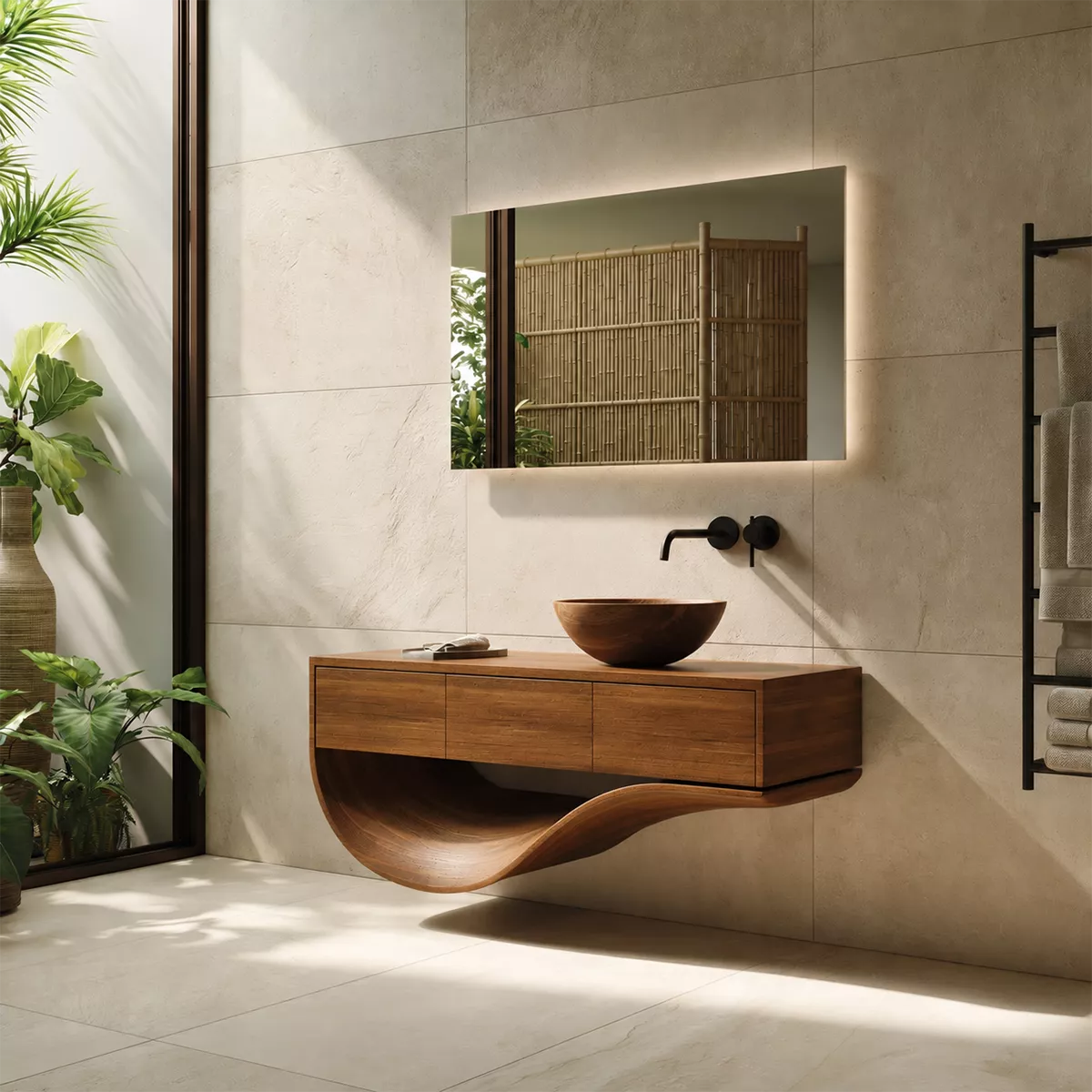 Floating Solid Wood Bathroom Vanity With Sculptural Curved Base And Hidden Drawer Storage - Livewoodcraft - 9