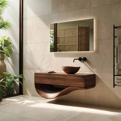 Floating Solid Wood Bathroom Vanity With Sculptural Curved Base And Hidden Drawer Storage - Livewoodcraft