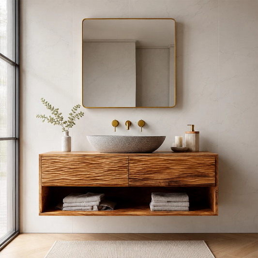Floating Solid Wood Bathroom Vanity with Textured Front & Open Shelf Storage - Echotimber