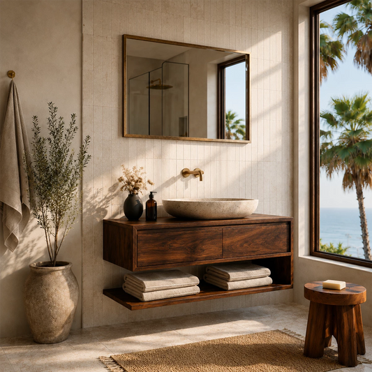 Floating Solid Wood Bathroom Vanity With Vessel Sink & Open Towel Shelf - Echotimber