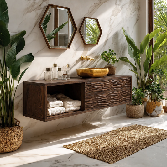 Floating Solid Wood Bathroom Vanity with Wave Carved Drawers and Open Shelf - Echotimber