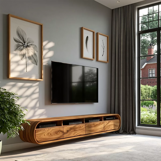 Floating Solid Wood TV Stand With Rounded Capsule Frame For Living Room - Echotimber