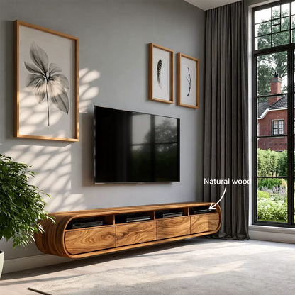 Floating Solid Wood TV Stand With Rounded Capsule Frame For Living Room - Livewoodcraft - 10