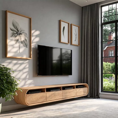 Floating Solid Wood TV Stand With Rounded Capsule Frame For Living Room - Livewoodcraft - 2