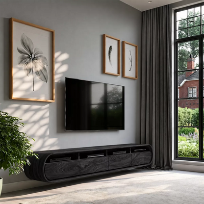 Floating Solid Wood TV Stand With Rounded Capsule Frame For Living Room - Livewoodcraft - 3