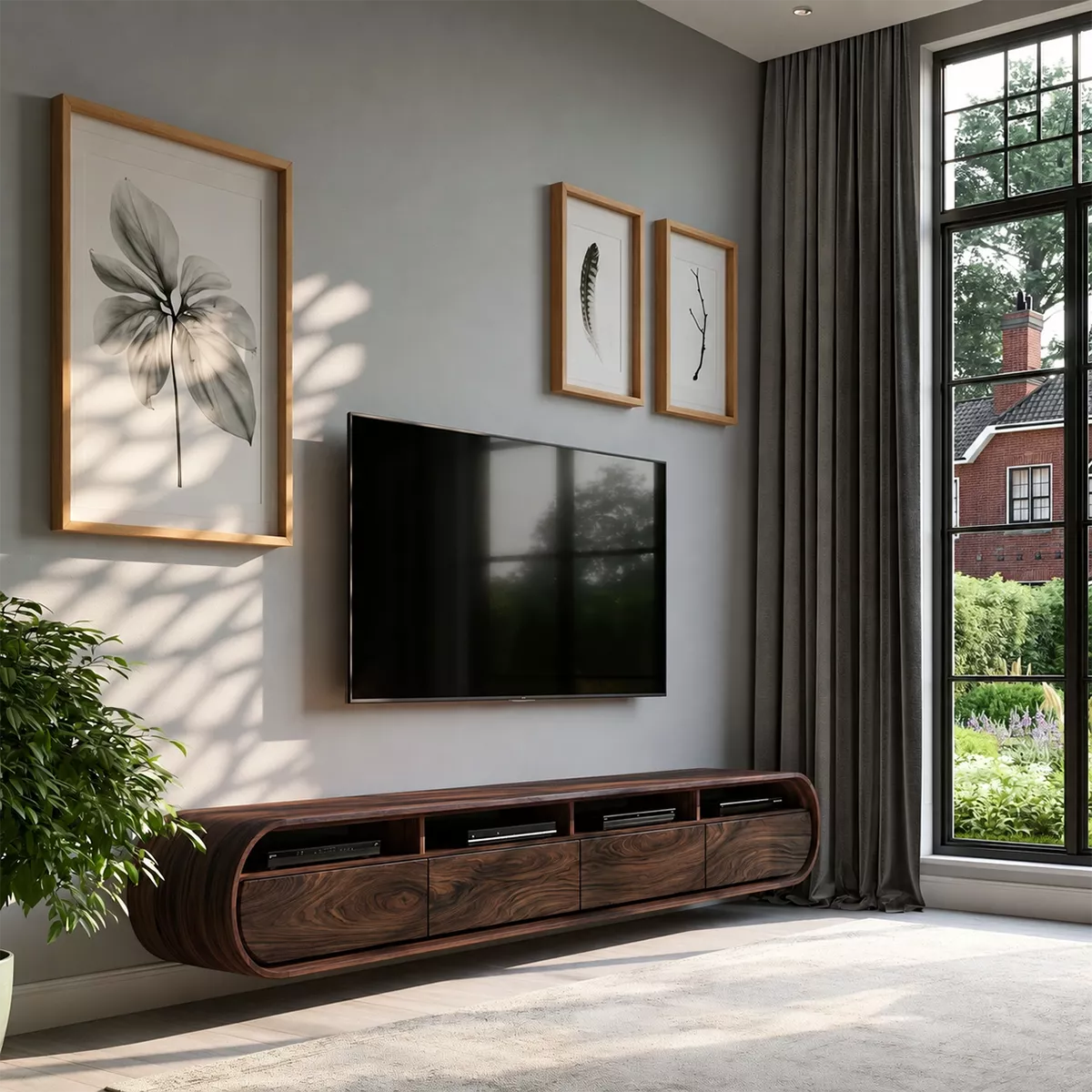 Floating Solid Wood TV Stand With Rounded Capsule Frame For Living Room - Livewoodcraft - 4