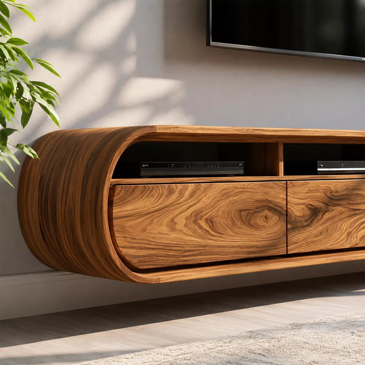 Floating Solid Wood TV Stand With Rounded Capsule Frame For Living Room - Livewoodcraft - 5