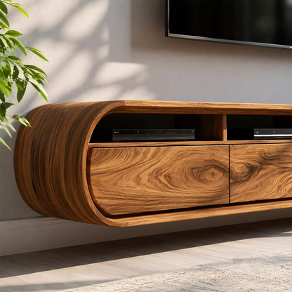 Floating Solid Wood TV Stand With Rounded Capsule Frame For Living Room - Livewoodcraft - 5
