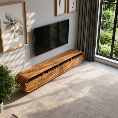 Floating Solid Wood TV Stand With Rounded Capsule Frame For Living Room - Livewoodcraft - 6
