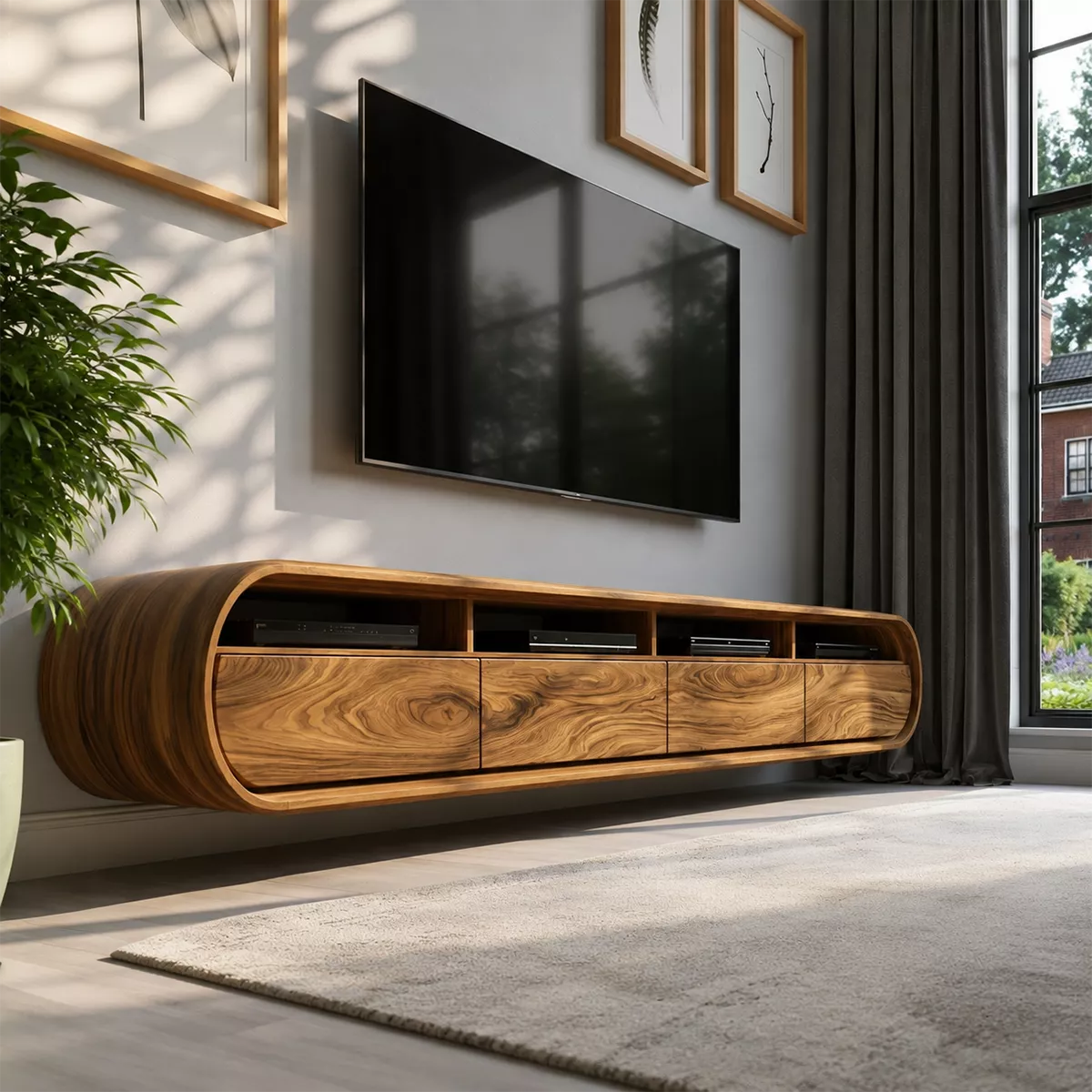 Floating Solid Wood TV Stand With Rounded Capsule Frame For Living Room - Livewoodcraft - 7