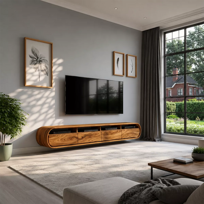 Floating Solid Wood TV Stand With Rounded Capsule Frame For Living Room - Livewoodcraft - 8