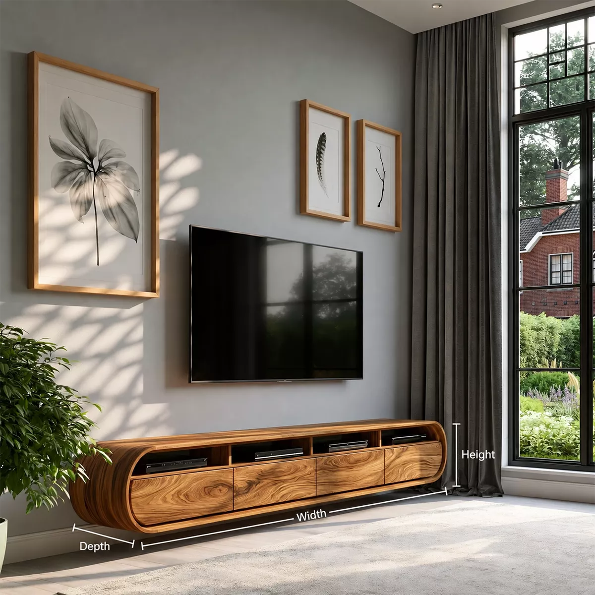 Floating Solid Wood TV Stand With Rounded Capsule Frame For Living Room - Livewoodcraft - 9