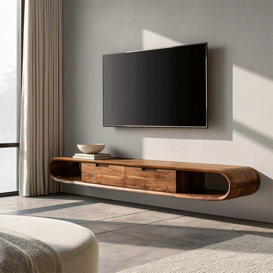 Floating Solid Wood TV Stand With Rounded Capsule Frame, Open Side Storage And Hidden Drawers For Living Room - Echotimber