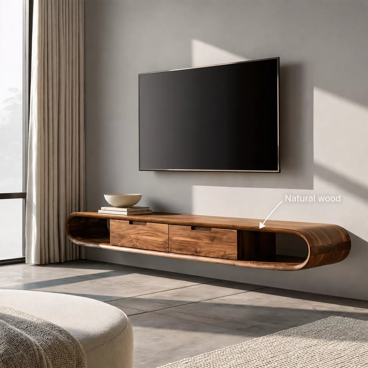 Floating Solid Wood TV Stand With Rounded Capsule Frame, Open Side Storage And Hidden Drawers For Living Room - Livewoodcraft - 10