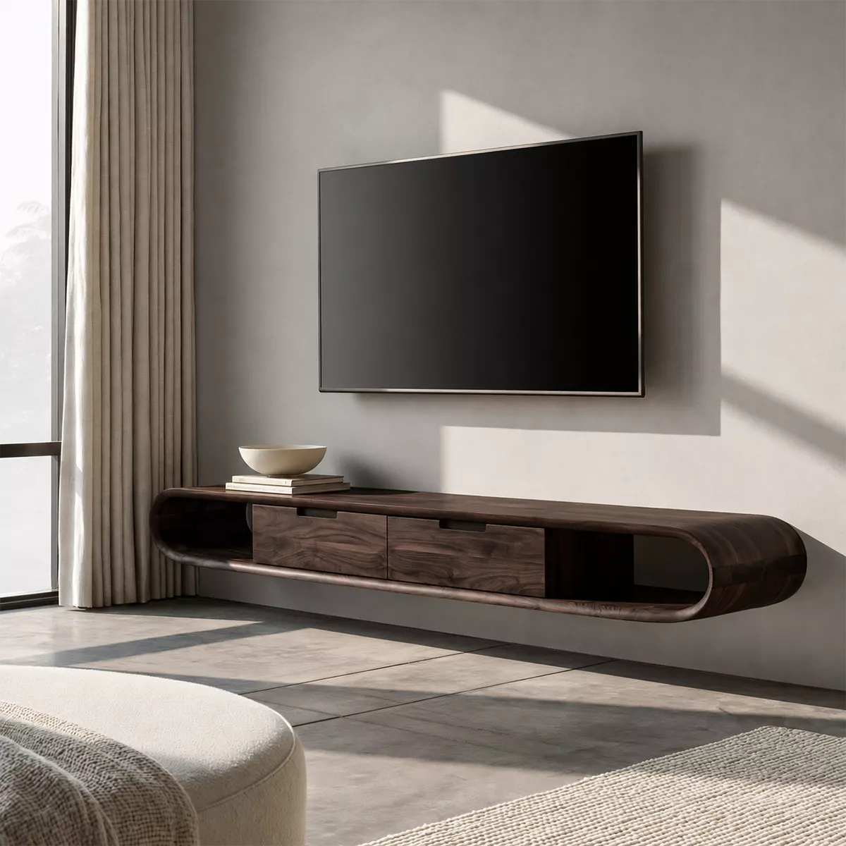 Floating Solid Wood TV Stand With Rounded Capsule Frame, Open Side Storage And Hidden Drawers For Living Room - Livewoodcraft - 2