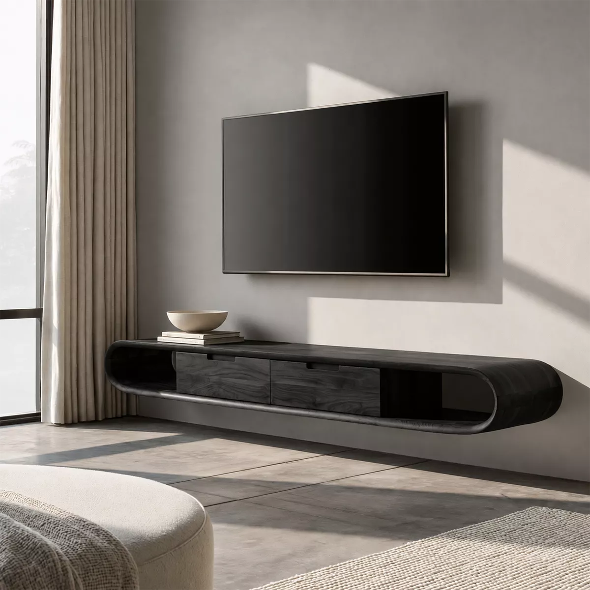 Floating Solid Wood TV Stand With Rounded Capsule Frame, Open Side Storage And Hidden Drawers For Living Room - Livewoodcraft - 3