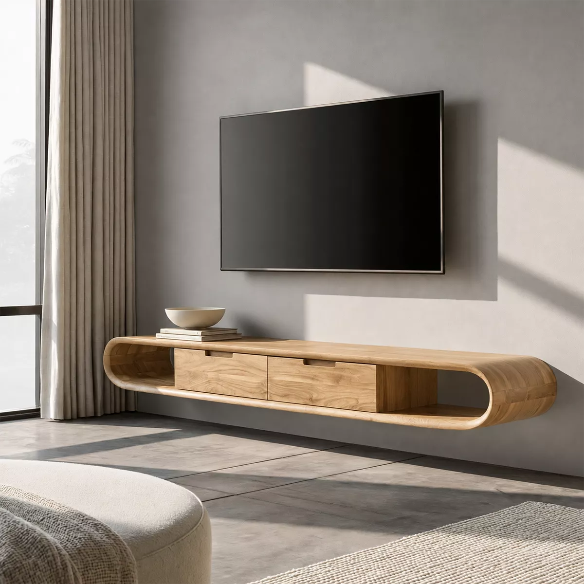 Floating Solid Wood TV Stand With Rounded Capsule Frame, Open Side Storage And Hidden Drawers For Living Room - Livewoodcraft - 4