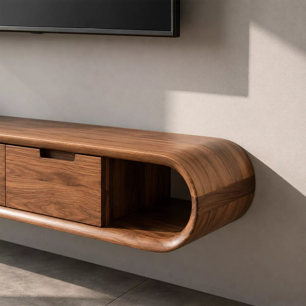 Floating Solid Wood TV Stand With Rounded Capsule Frame, Open Side Storage And Hidden Drawers For Living Room - Livewoodcraft - 5