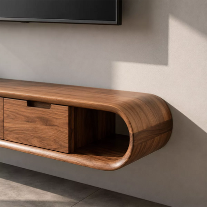 Floating Solid Wood TV Stand With Rounded Capsule Frame, Open Side Storage And Hidden Drawers For Living Room - Livewoodcraft - 5