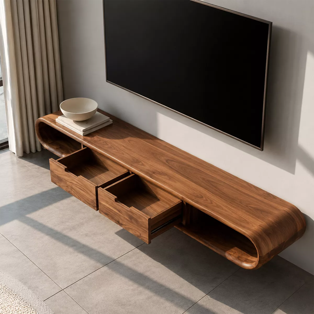 Floating Solid Wood TV Stand With Rounded Capsule Frame, Open Side Storage And Hidden Drawers For Living Room - Livewoodcraft - 6