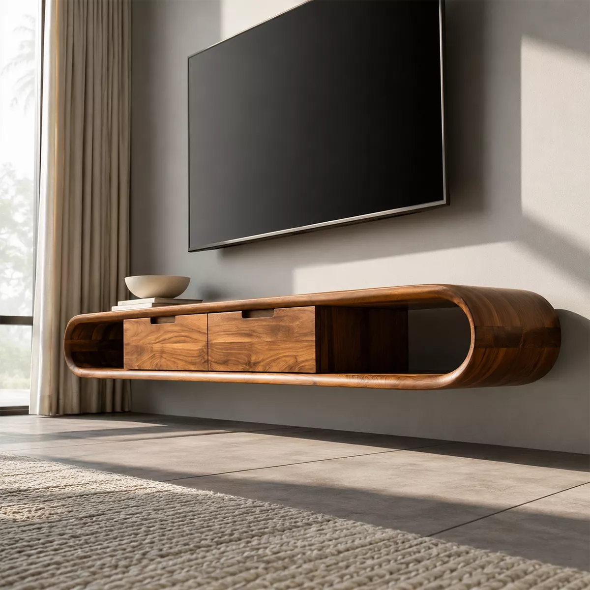 Floating Solid Wood TV Stand With Rounded Capsule Frame, Open Side Storage And Hidden Drawers For Living Room - Livewoodcraft - 7