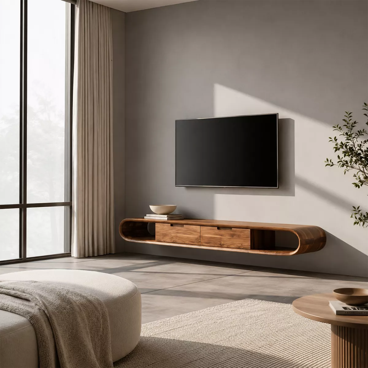 Floating Solid Wood TV Stand With Rounded Capsule Frame, Open Side Storage And Hidden Drawers For Living Room - Livewoodcraft - 8