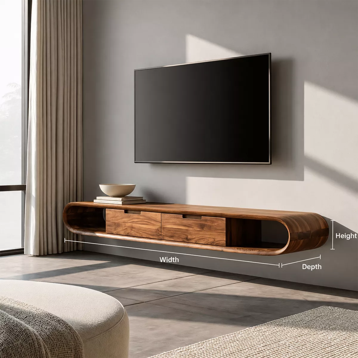 Floating Solid Wood TV Stand With Rounded Capsule Frame, Open Side Storage And Hidden Drawers For Living Room - Livewoodcraft - 9