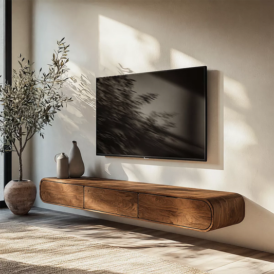 Floating Solid Wood TV Stand With Rounded Edges And Hidden Drawer Storage For Living Room - Echotimber