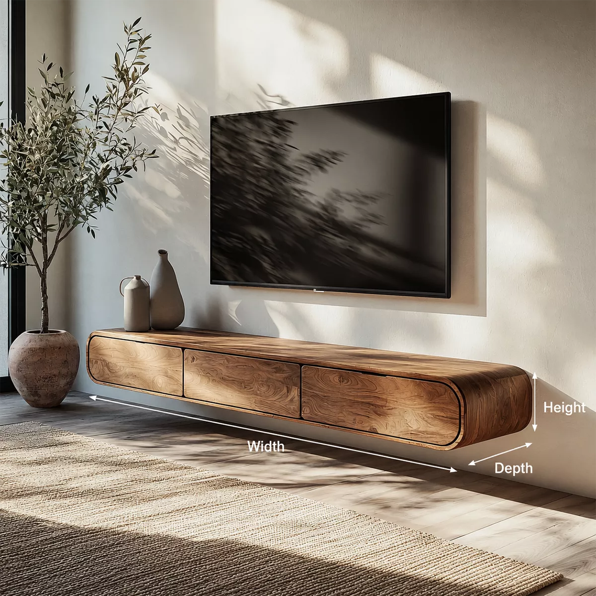 Floating Solid Wood TV Stand With Rounded Edges And Hidden Drawer Storage For Living Room - Livewoodcraft - 10