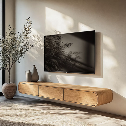 Floating Solid Wood TV Stand With Rounded Edges And Hidden Drawer Storage For Living Room - Livewoodcraft - 2