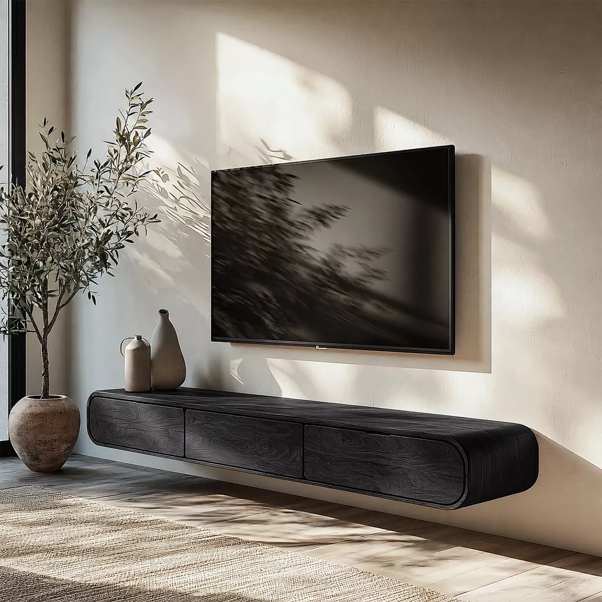 Floating Solid Wood TV Stand With Rounded Edges And Hidden Drawer Storage For Living Room - Livewoodcraft - 3