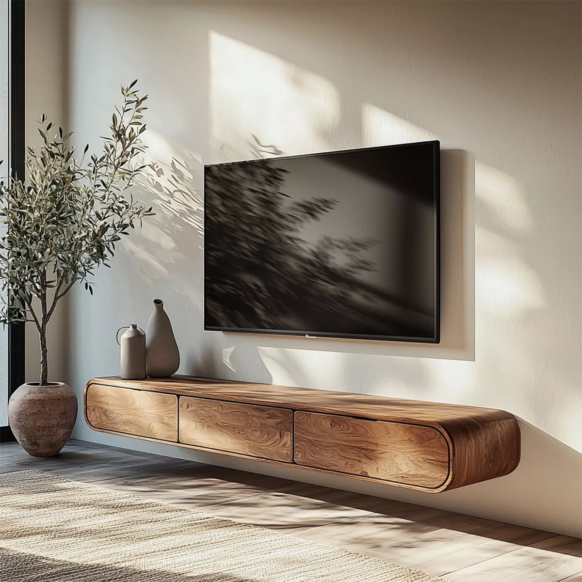 Floating Solid Wood TV Stand With Rounded Edges And Hidden Drawer Storage For Living Room - Livewoodcraft - 4
