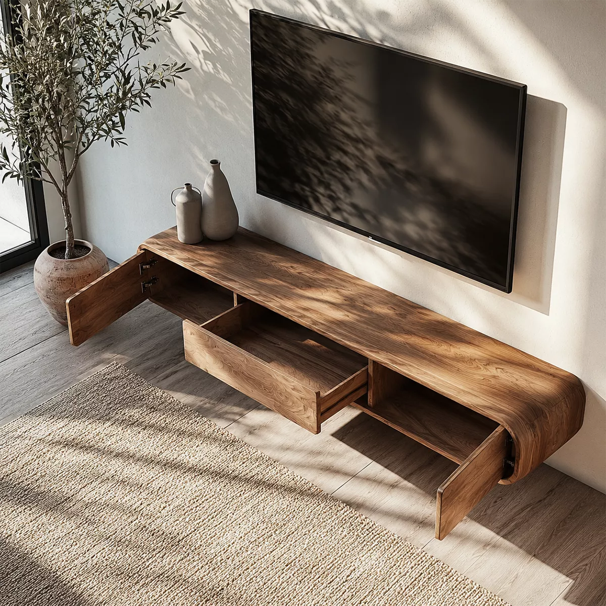Floating Solid Wood TV Stand With Rounded Edges And Hidden Drawer Storage For Living Room - Livewoodcraft - 5