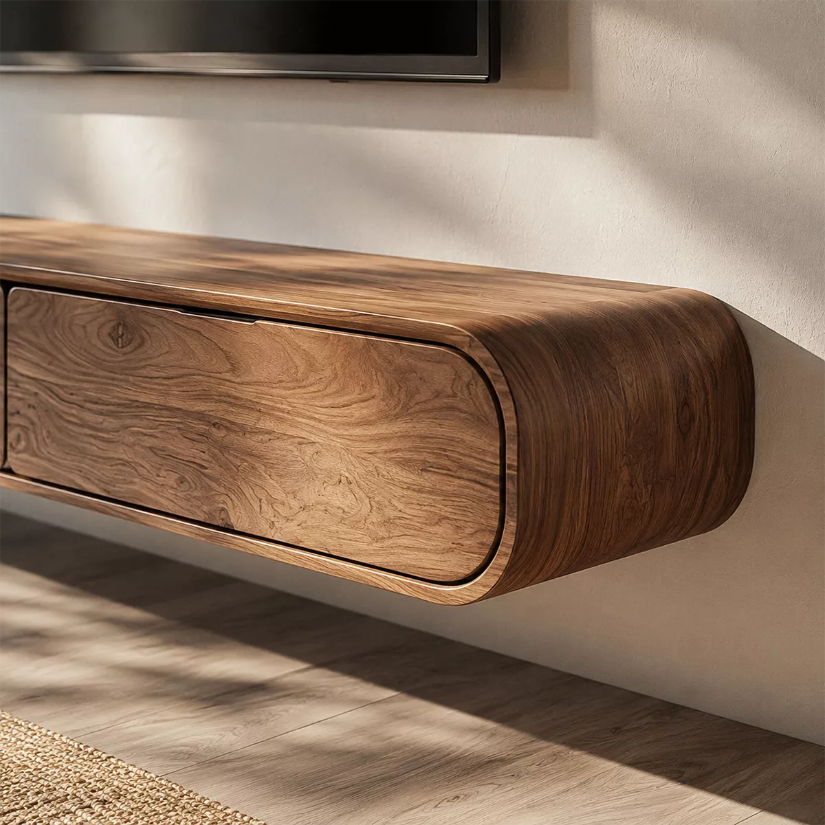 Floating Solid Wood TV Stand With Rounded Edges And Hidden Drawer Storage For Living Room - Livewoodcraft - 6
