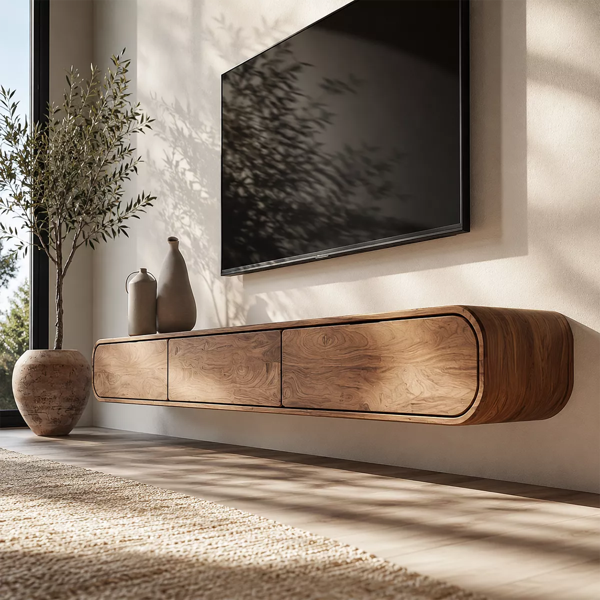 Floating Solid Wood TV Stand With Rounded Edges And Hidden Drawer Storage For Living Room - Livewoodcraft - 7