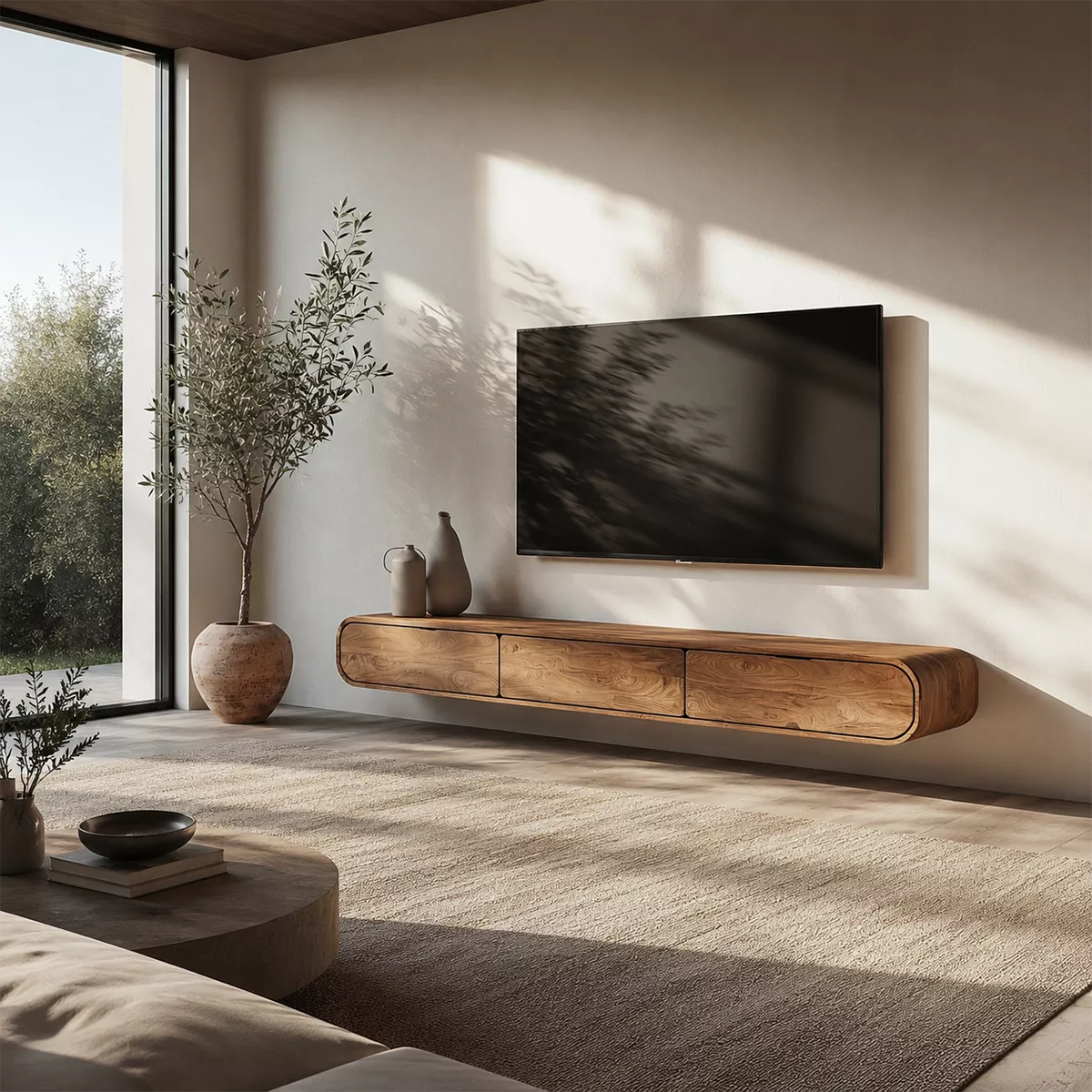 Floating Solid Wood TV Stand With Rounded Edges And Hidden Drawer Storage For Living Room - Livewoodcraft - 8