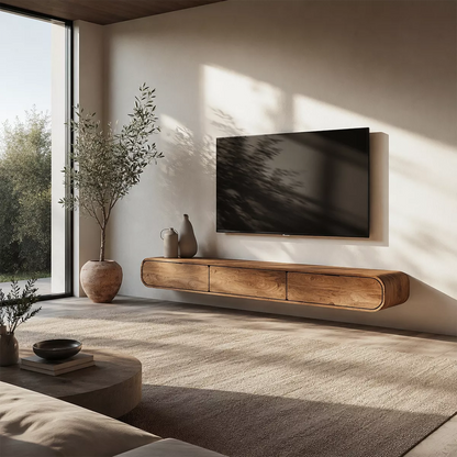 Floating Solid Wood TV Stand With Rounded Edges And Hidden Drawer Storage For Living Room - Livewoodcraft - 8
