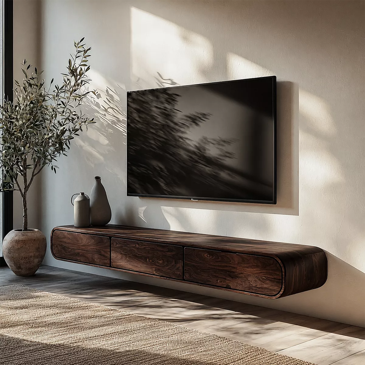 Floating Solid Wood TV Stand With Rounded Edges And Hidden Drawer Storage For Living Room - Livewoodcraft - 9