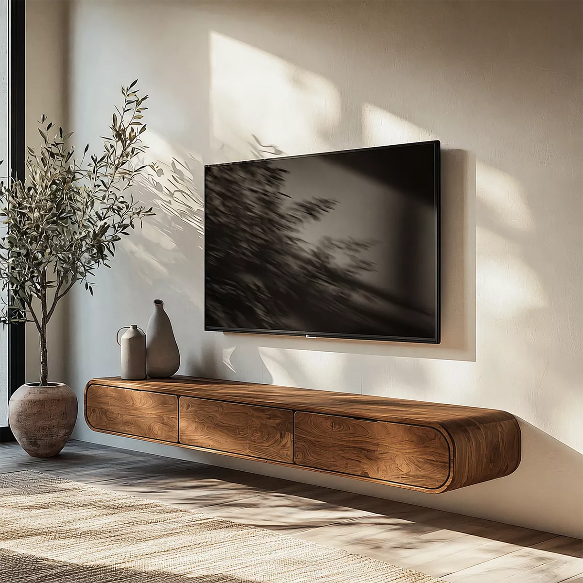 Floating Solid Wood TV Stand With Rounded Edges And Hidden Drawer Storage For Living Room - Livewoodcraft