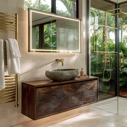 Floating Walnut Wood Bathroom Vanity With Carved Wave Front And Hidden Cabinet Storage - Echotimber - 4960